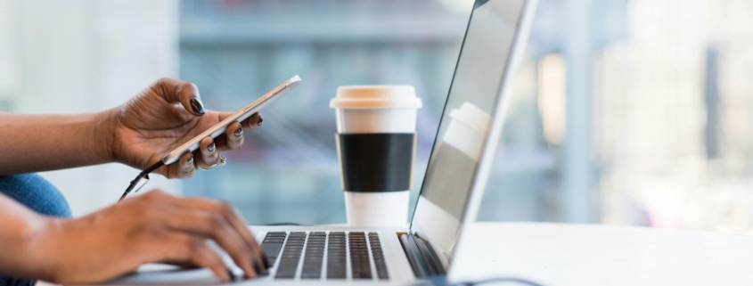 Free laptop on table top stock photo